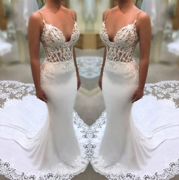 

elegant spaghetti straps lace mermaid wedding dresses illusion satin tulle applique court train wedding bridal gowns ba9941, White