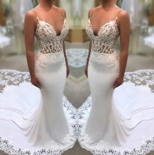 Vestidos de novia elegantes con tirantes finos, sirena de encaje, ilusión de satén, tul, apliques, cola de corte, vestidos de novia de boda BA99412815