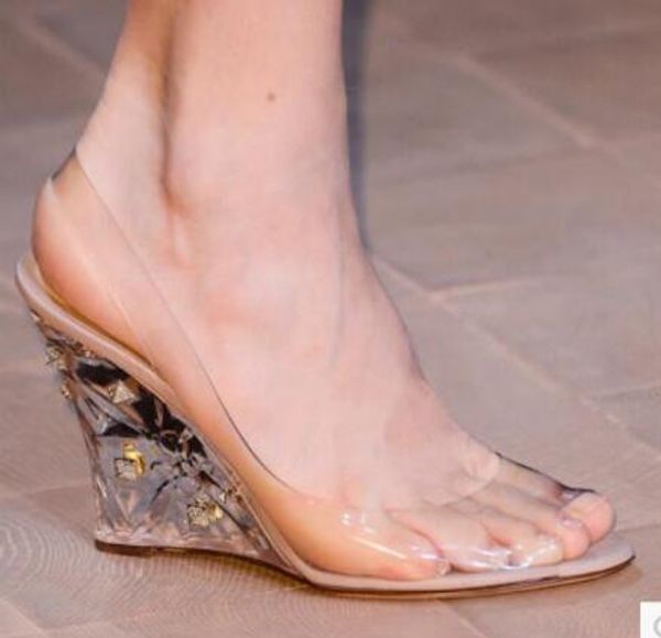 

2018 Women Wedge Sandals PVC Sandals With Transparent Heel Wedding Shoes Crystal Clear High Heels Peep Toe Pumps