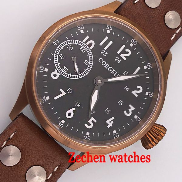 

corgeut 44mm watches black dial mens green luninous hands watches bronze plated case sapphire glass 6497 hand winding men watch, Slivery;brown