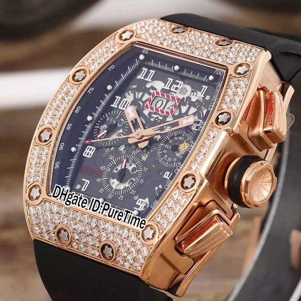 

new rm011 rm11 flyback chrono diamond bezel rose gold black skeleton dial big date automatic mens watch black rubber sports watches 13a1, Slivery;brown