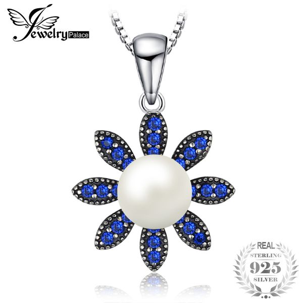 

jewelrypalace flower 0.2ct created blue spinel cultured pearl pendant 100% real 925 sterling silver jewelry not include a chain