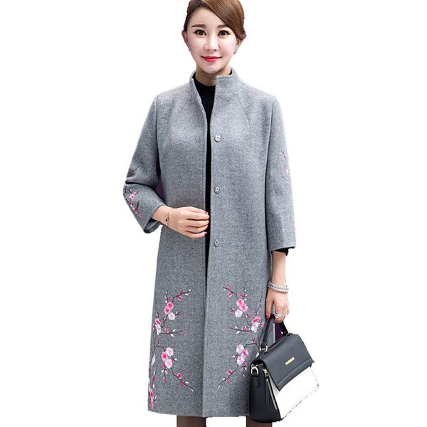 

wholesale-women winter wool coat ladies embroidered woolen jacket overcoat long sleeve cashmere red gray windbreaker manteau femme hiver, Black