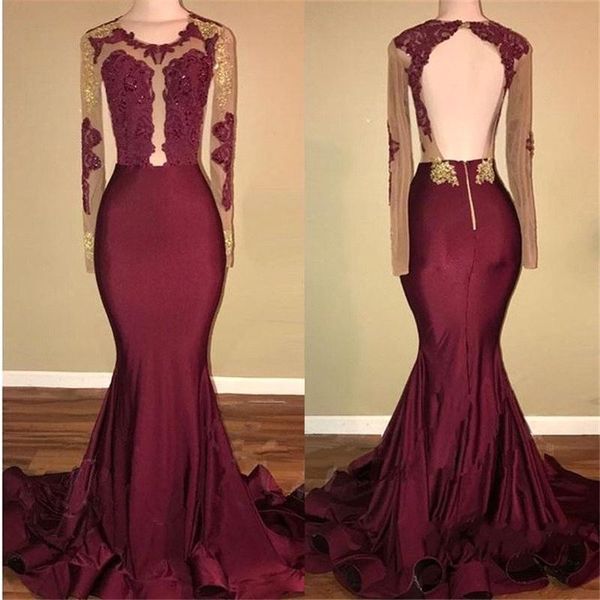 

burgundy lace mermaid prom dresses long sheer illusion sleeves with applique backless formal dresses evening wear, Black