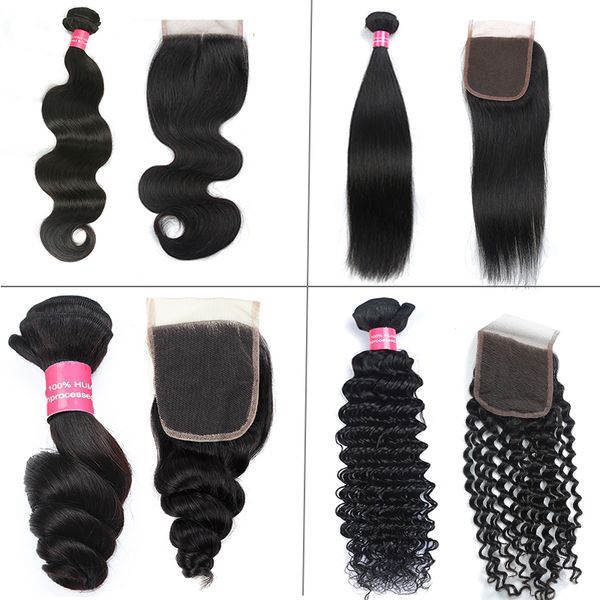 

бразильские человеческие волосы объемная волна прямая свободная волна глубокая волна пучки волос с закрытием 4x4 кружева закрытие с бразильс, Black;brown