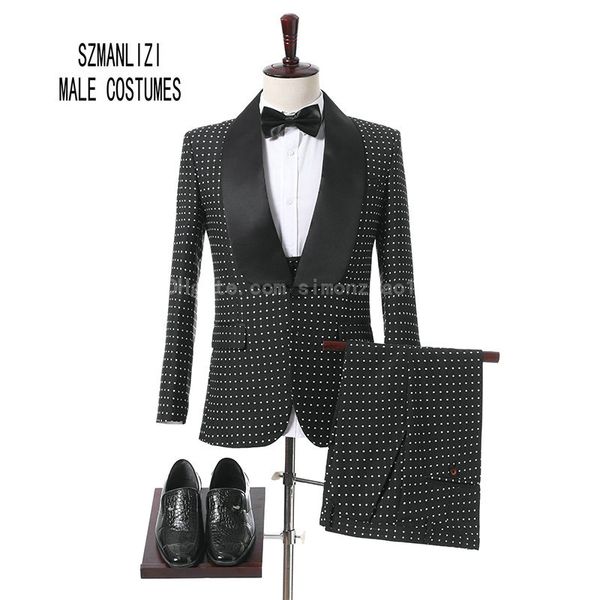 2018 Costume Homme Custom Made Special Occasion Men Suit Black White Dots Blazer da uomo Smoking dello sposo Abito da sposa Abiti da ballo Bridegrom