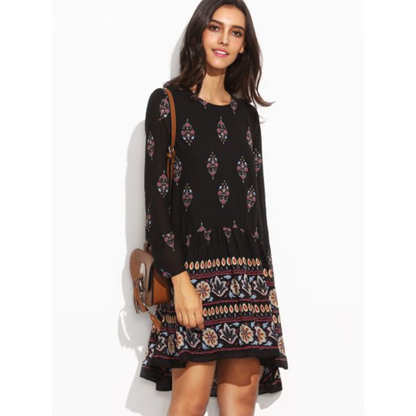 

new european retro prints large size loose fitting dress 9822, Black;gray