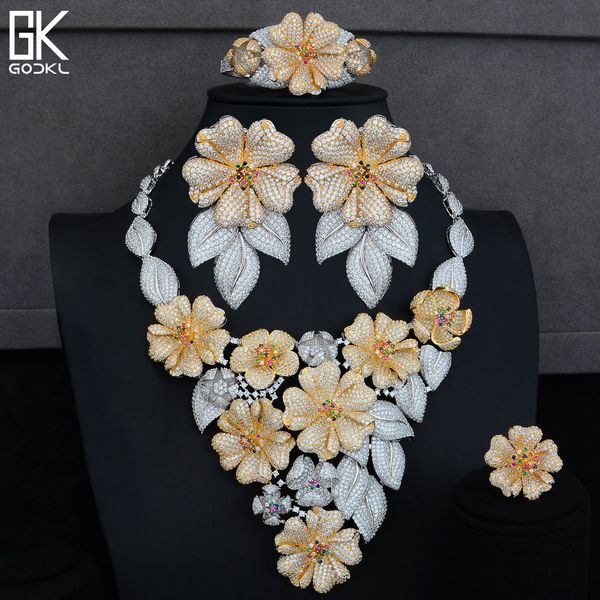 

godki luxury flower cluster 4pc african jewelry sets for women wedding cubic zircon crystal cz dubai bridal jewelry sets, Silver