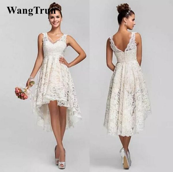 

short lace wedding dresses with v neck backless a line high low custom made charming beach garden ivory bridal gowns, White