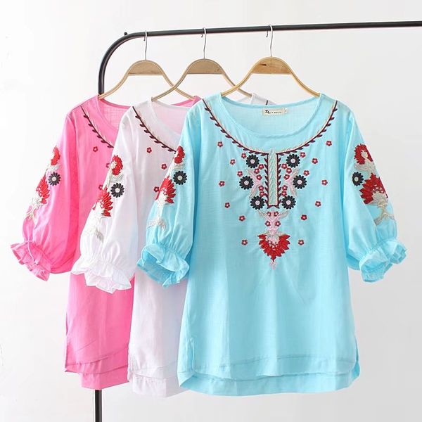 

oversized plus size embroide white sky blue rose t shirts women o-neck cotton linen summer ladies tee shirt femme 4xl