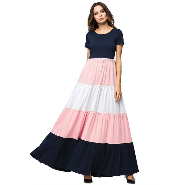 

3187139 european and american o-neck stripes splicing fashion large pendant skirt gown dress ankle-length dress mujer vestidos faldas muslim, Red