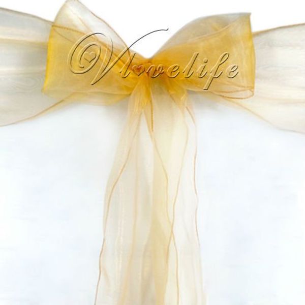 

wholesale-25pcs new gold organza chair sashes bow cover banquet