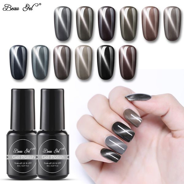 

beau gel 8ml gel nail soak off 3d grey cat eye uv nail polish magnetic hybrid varnish lucky lacquer gelpolish long lasting, Red;pink