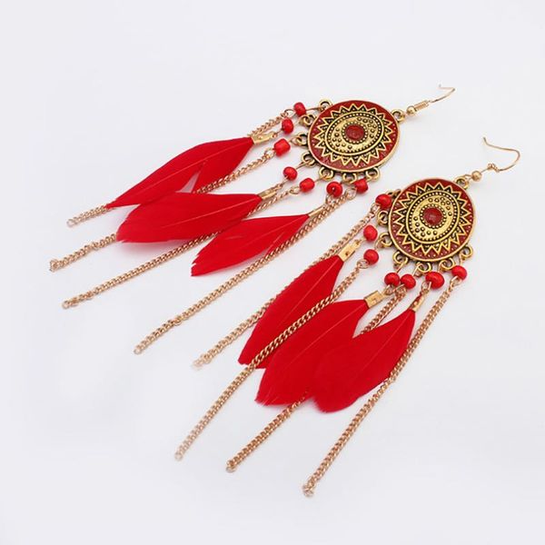 

bohemia folk style long tassel earrings vintage beads feather eardrop colorful women dangle jewelry 4 color wholesale, Silver