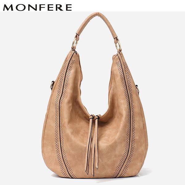 

monfere new fashion women handbag soft ladies pu leather tassel girl's shoulder bag big large female studs hobos tote bag baobao d18102