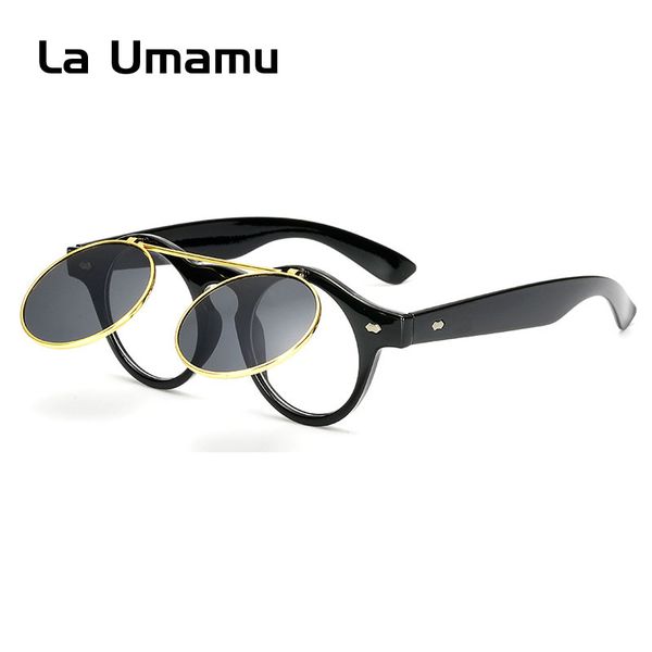 

steampunk men retro glasses goggles round flip up sunglasses uv400 women vintage shades eyewear oculos de sol la1035, White;black