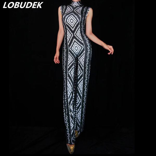 

european style female singer dance costume black white geometric pattern rhinestones jumpsuits prom party stage one piece outfit