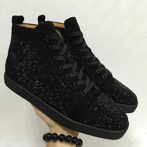 

с коробкой] предложение 2017 замша черный горный хрусталь стразы красные нижние туфли мужские женские плоские красные подошвы обувь высоког, Black