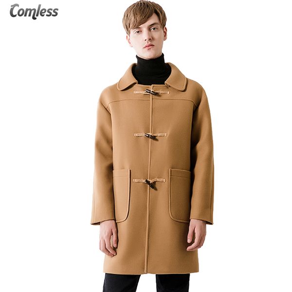 

wholesale- men's long korea trench coats 2017 winter thicker trench coat men horn button pea coat overcoat casual slim fit windbreaker, Tan;black