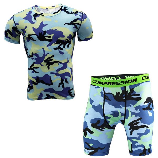 

men t shirt and tights compression set fitness workout camouflage 3d print mma rashguard crossfit gyms clothing o-neck, White;black