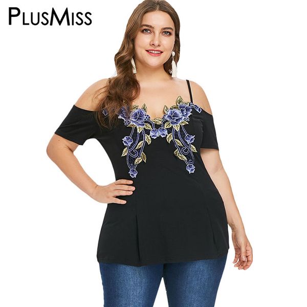 

plusmiss plus size floral embroidered spaghetti strap tunic 5xl xxxxl women boho off shoulder blouse ladies xxxl xxl, White