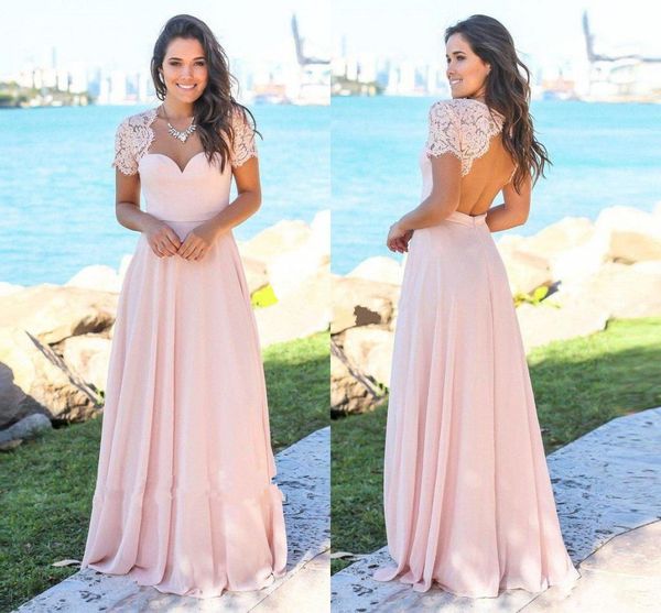 

2018 Cheap Blush Pink Chiffon Sweet Heart Evening Dresses Short Sleeve Hollow Back Lace Top Long Formal Prom Party Maid Of Honor Wear Dress, Black;red