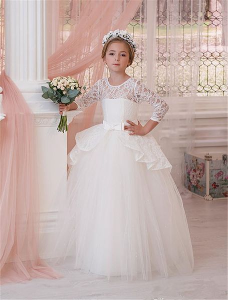 

princess ball gown white lace flower girls dresses for weddings 2018 tulle belt bow knot custom first communion dress gown, White;blue