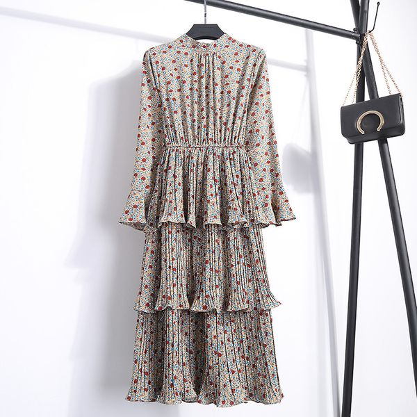 

new women floral chiffon summer dress women elastic waist stand collar printed casual dress long sleeve bohemian vestido, White;black