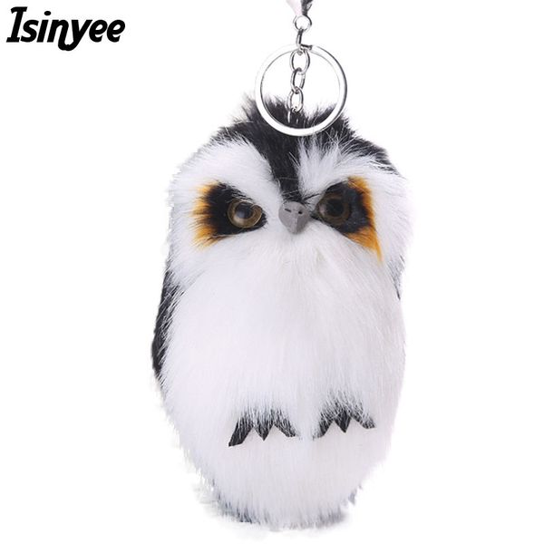 

isinyee 2017 cute fluffy owl keychains for women pluff toy doll bag car key ring handmade faux bunny rabbit fur pompoms keychain, Silver