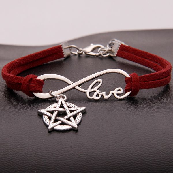 

drop shipping 2018 new men jewelry punk dark red leather hand rope infinity love pentagram star charm bracelets & bangles for women pulseras, Golden;silver