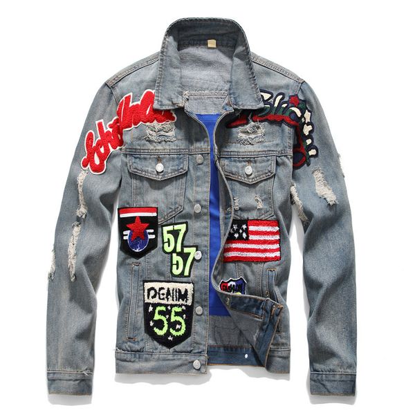 

moruancle men punk style ripped denim jackets with patches hi street distressed patched jean trucket jacket outerwear with holes, Black;brown