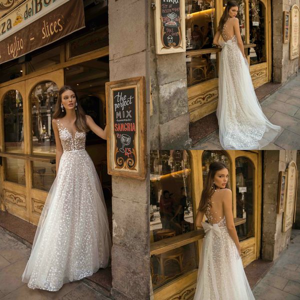

2019 berta a line wedding gowns deep v neck lace 3d floral appliques sweep train beach wedding dress bow plus size bridal dresses, White