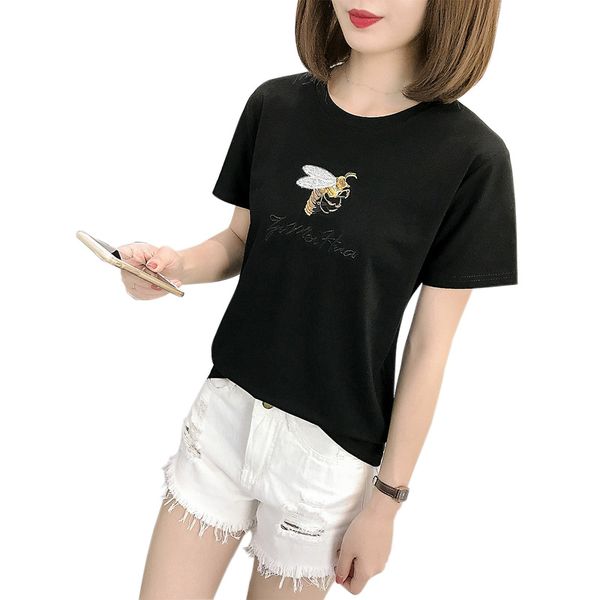 

new summer women short t shirt summer short sleeve t-shirt casual crop bee embroidery t-shirts clothes s-2xl, White