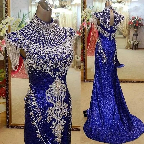 

Bling Королевский Синий Высокая Шея Русалка Пром Платья Партии Элегантный Кристалл