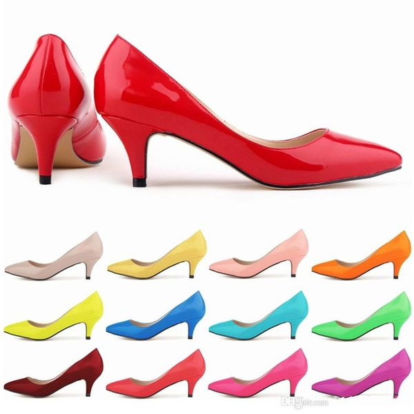

brand designer-womens low mid kitten heels shoes pu patent leather pointed toe pumps high heels shoes us size 4-11 d0120, Black