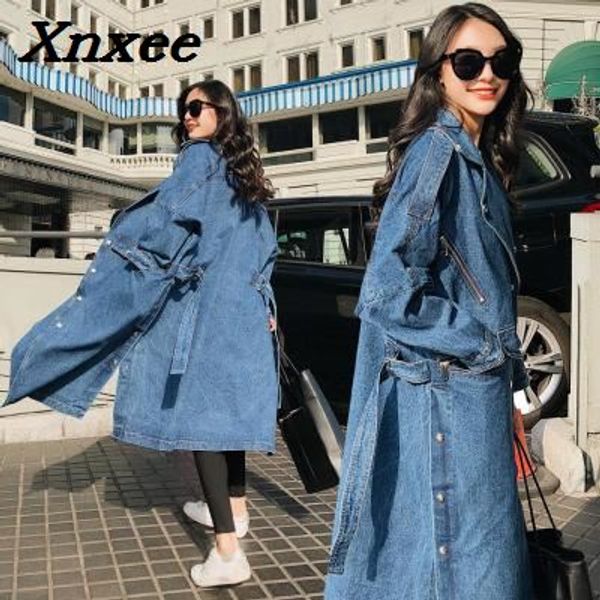 

women loose denim trench coat long windbreaker vintage long sleeve outwear female overcoat winter autumn trench coats xnxee, Tan;black