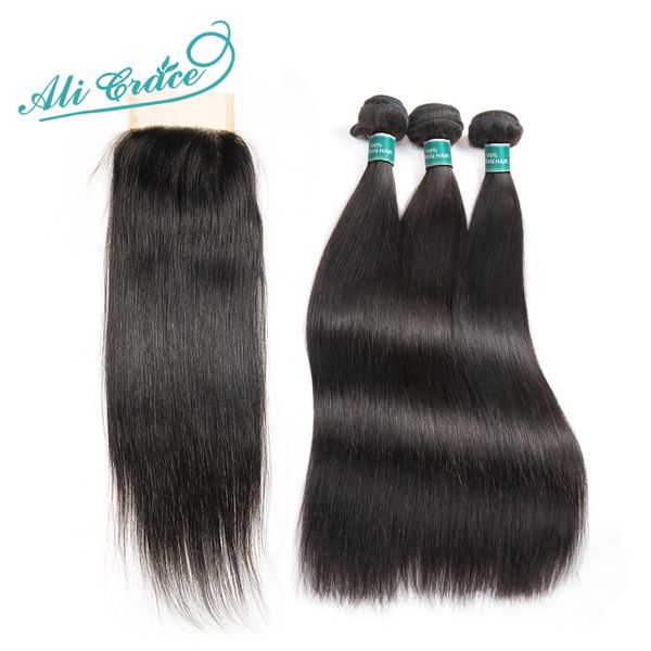 

ali grace hair brazilian straight human hair 3 bundles deal with 4*4 lace closure part natural color remy, Black;brown