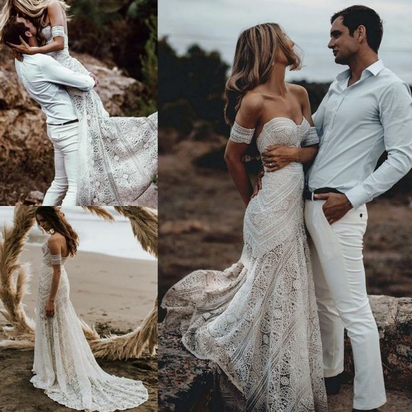 

2018 mermaid beach wedding dresses off the shoulder backless full lace boho bridal gowns long train bohemian wedding dress, White