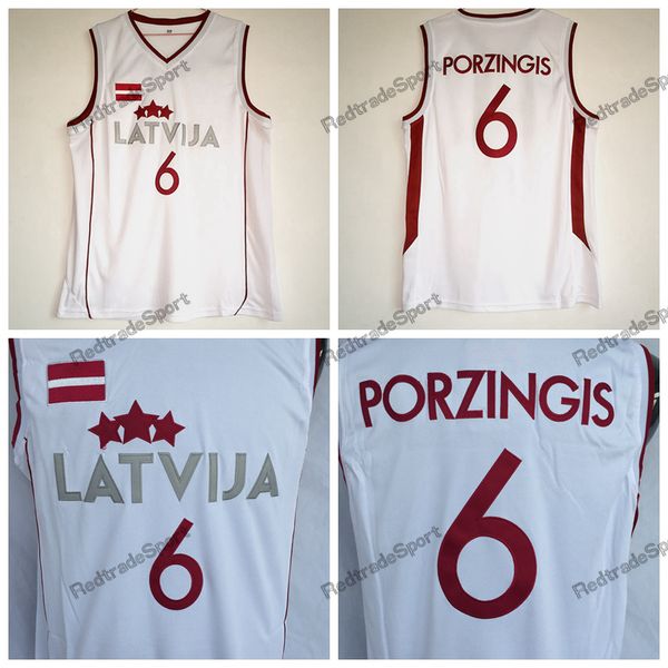 

mens vintage white kristaps porzingis #6 latvija basketball jerseys team stitched shirts s, Black