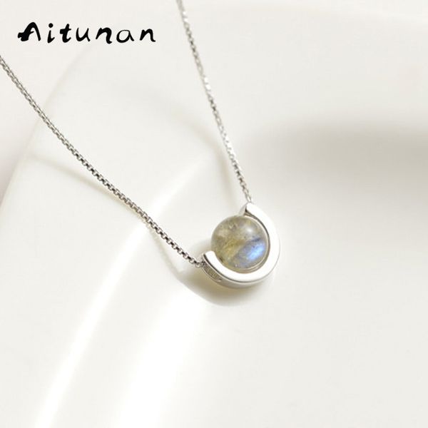 

wholesale-aitunan fashion simple 925 sterling silver necklace natural moonstone pendant collar bone chain sterling silver jewelry, Black