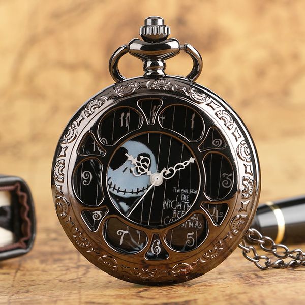 

cool the nightmare before christmas theme black hollow case design quartz pocket watches pendant necklace fob watch for men, Slivery;golden