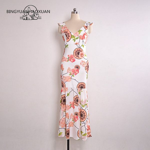 

bingyuanhaoxuan summer maxi dress women floral print dress v-neck sleeveless spaghetti strap backless side split long, White;black