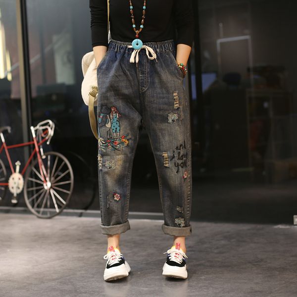 

women loose elastic waist jeans denim pants scratched embroidered cartoon denim pants female letter embroidery trousers, Blue
