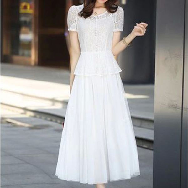 

two piece dress 2021 summer women's prairie chic suit lace o-neck short-sleeves and solid chiffon mid-calf length two-piece set, White