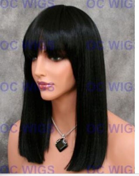 Jet Black Shoulder Length Flat Straight Full Synthetic Hair Wig