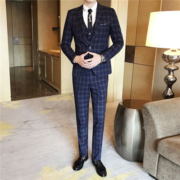 

men's suit new youth vest suit 3-piece set fashion trend men's clothing cotton plaid pants 3 sets prom men, White;black