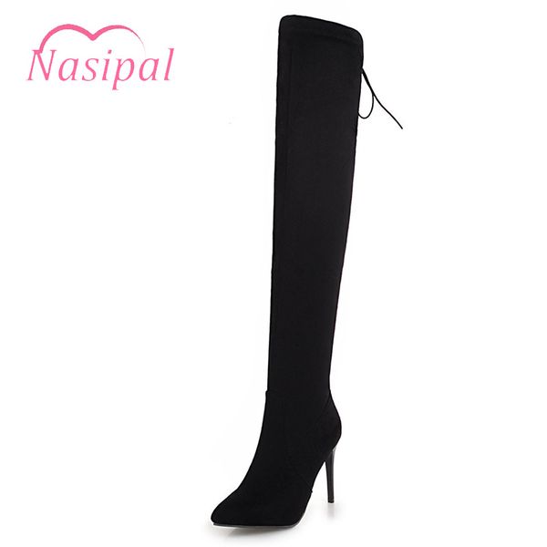 

nasipal women's over the knee boots solid black fashion pointed toe zipper stretch high heel ladies lace up thigh high boots