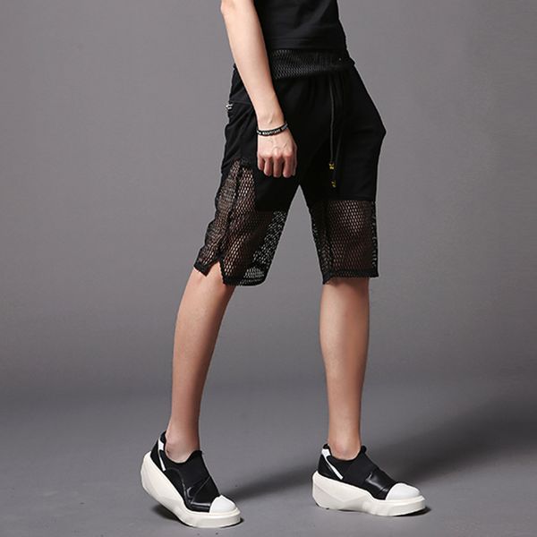 

mesh splice men harem shorts summer male fashion casual slim fit short trouser punk stage show costumes, White;black