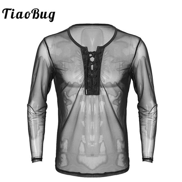 

tiaobug mens lace up mesh see through long sleeve t-shirt men club wear costumes undershirts sheer fishnet, White;black
