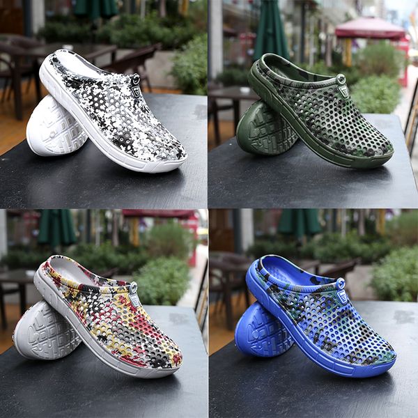 

hole hole shoes camouflage tarmac summer men hollow out breathable beach flip flops casual slip-on flats sandals outdoor wading shoes, Black